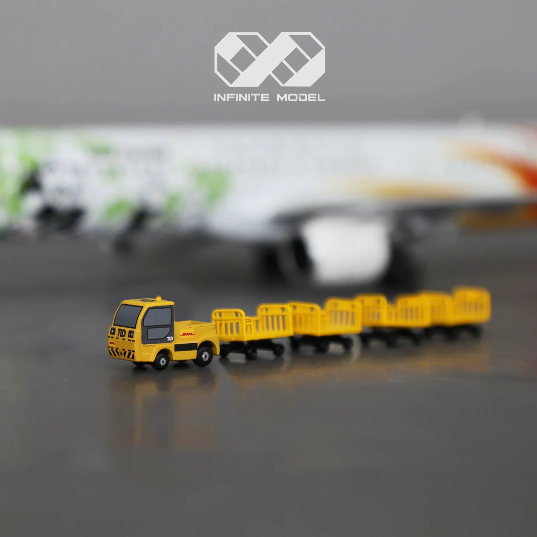 Scale 1:200 Airport DHL Luggage Tractor With Four Carts Finished 3D Model